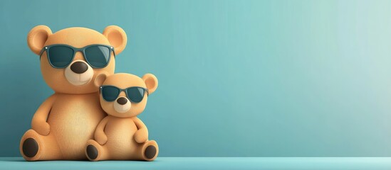 Father's Day Greeting Card Design with Cute Cartoon Bears in Sunglasses on Soft Blue Background Empty Space for Custom Text.