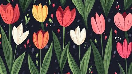Obraz premium Colorful tulips adorned with vibrant petals set against a dark background creating a striking floral pattern design.