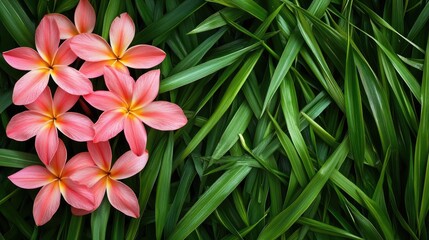 Fototapeta premium Tropical pink flowers arranged on lush green grass creating a vibrant natural background for relaxation and tranquility themes