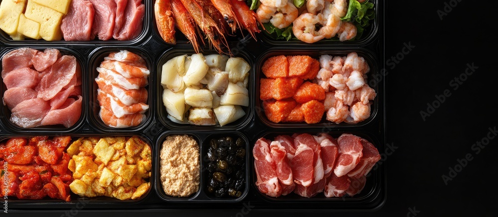 Leinwandbilder Assorted appetizer platter featuring colorful meats and seafood on a black background with empty space for text in a buffet setting