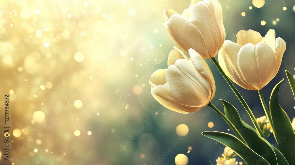 Poster delicate white tulips with a dreamy bokeh background creating a serene floral ambiance for springtim