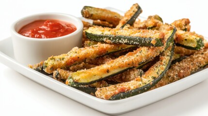 A plate of crispy zucchini fries with a side of marinara dipping sauce, Each fry’s golden-brown exterior and tender zucchini interior captured with precision