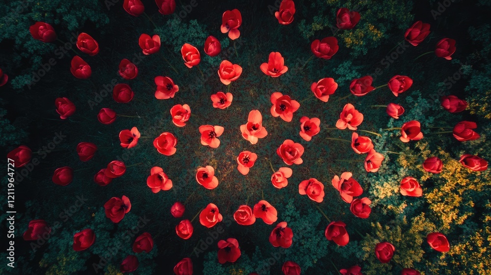 Poster Aerial view of vibrant red tulip flowers creating a stunning floral pattern in a garden setting during springtime.