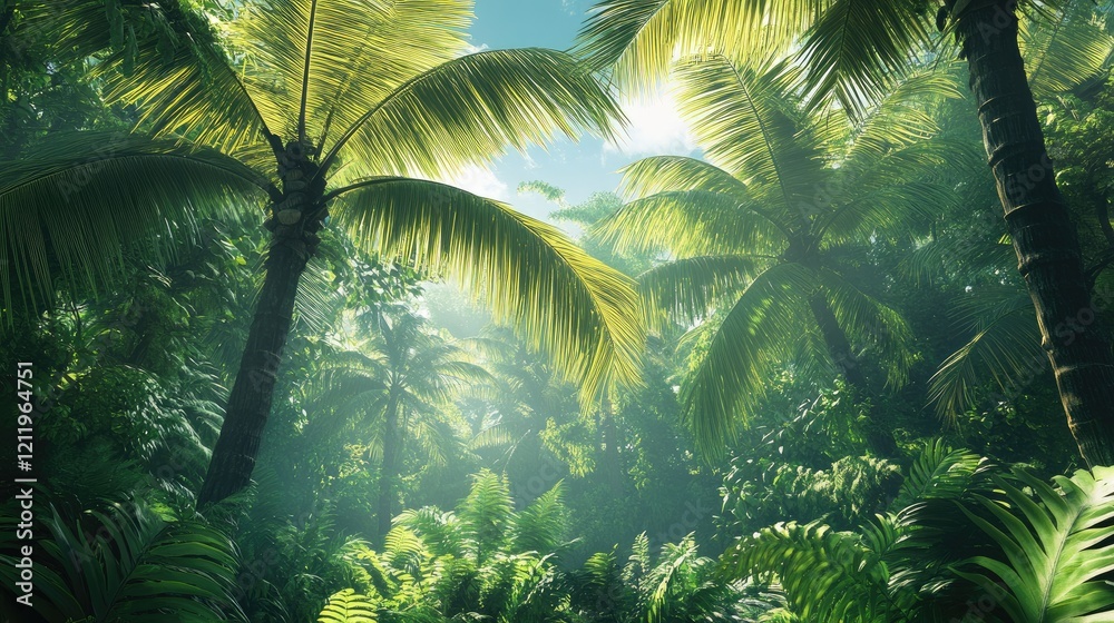 Aufkleber lush tropical palm trees with sunlight filtering through the canopy in a serene forest setting, idea