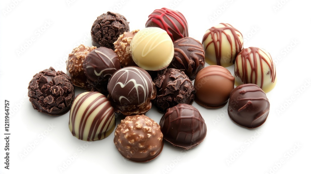Poster assorted gourmet chocolate truffles pralines elegantly arranged on a white background showcasing ric
