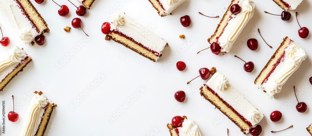 Poster assorted cake slices with creamy frosting and vibrant red cherries on a clean white background perfe