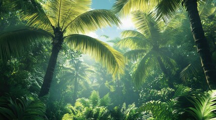 Naklejka premium Lush tropical palm trees with sunlight filtering through the canopy in a serene forest setting, ideal for nature-themed projects.