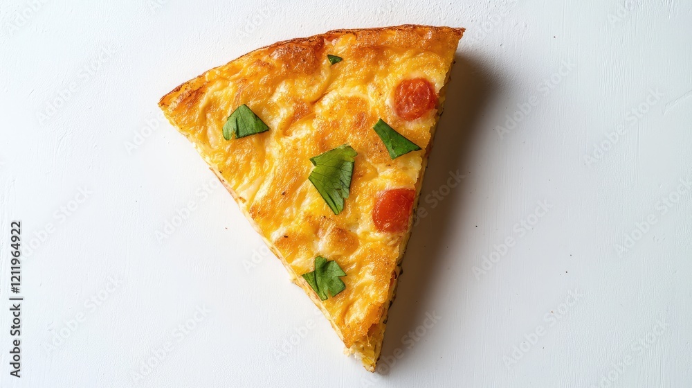 Poster delicious golden omelet slice with vibrant tomatoes and fresh green spinach on a clean white backgro