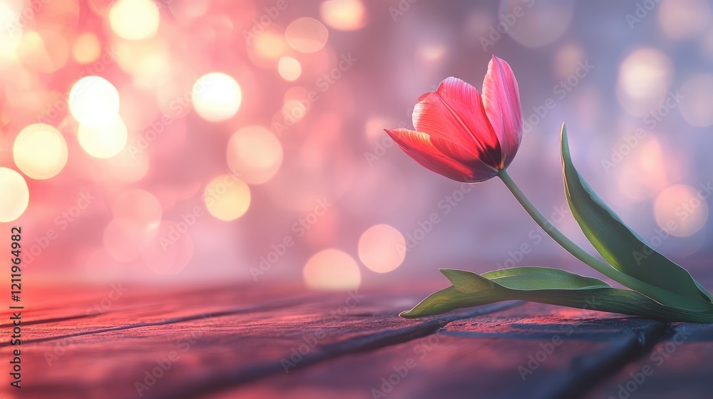 Poster Elegant pink tulip resting on a wooden table with a soft bokeh background, creating a dreamy and romantic atmosphere.