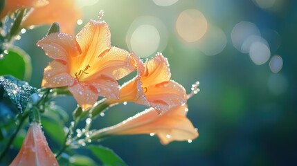Trumpetvine flowers glistening with morning dew in a serene garden setting enhancing natural beauty and tranquility.