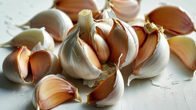 Close up of garlic bulbs and cloves showcasing texture, freshness, and culinary potential in a minimalistic kitchen setting