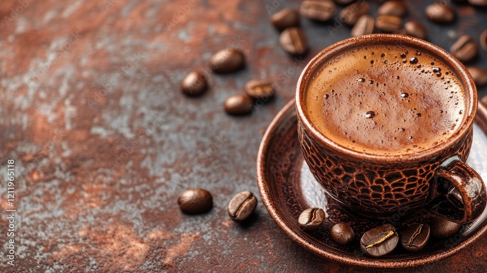 Poster turkish coffee in rustic cup with coffee beans on textured surface space for your text or branding