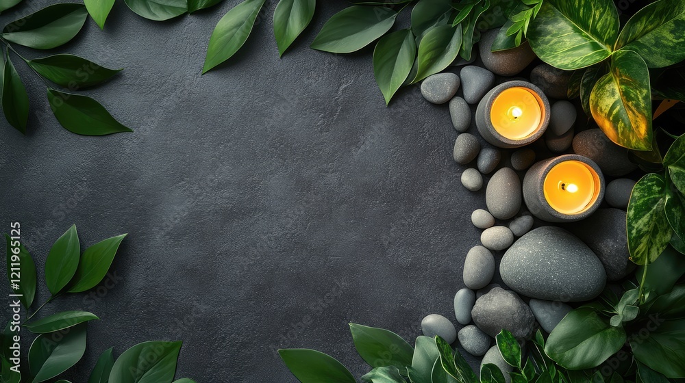 Poster serene top view of an inviting spa setup featuring two lit candles nestled among smooth gray pebbles