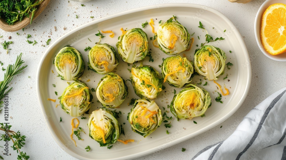 Poster elegant top view of a platter of garnished brussels sprouts with fresh orange zest on a light gray s