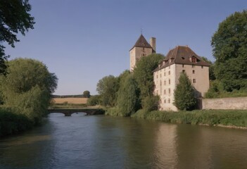 A historic bridge spans a river, with a castle in the background