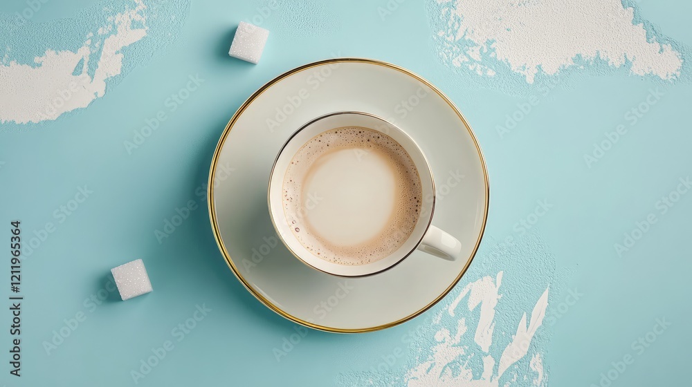 Poster elegant top view of a light turquoise table featuring a beige coffee cup with gold rim on a matching