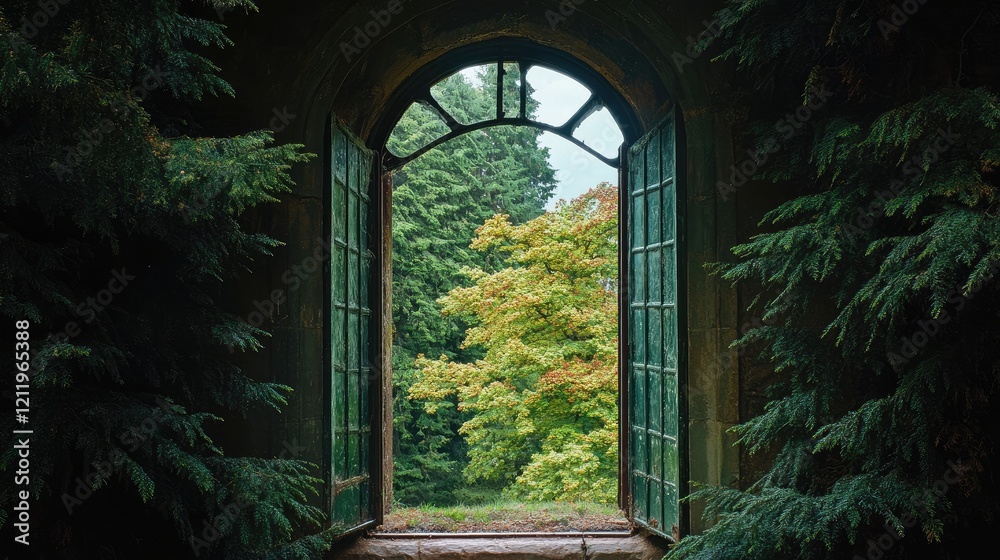 Aufkleber view of lush greenery through a historic window framed by yew trees creating a serene and inviting a