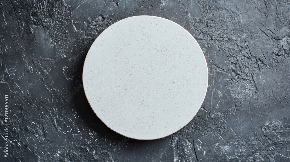 Poster aerial view of a minimalist round white plate centered on a textured dark gray stone surface, ideal 