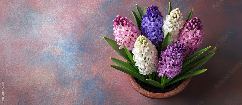 Poster aromatic hyacinths in shades of purple pink and white nestled in a rustic clay vase against a soft b