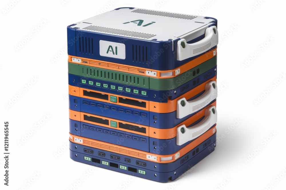 Poster Stack of colorful AI-powered hardware units, possibly for data processing or industrial use.