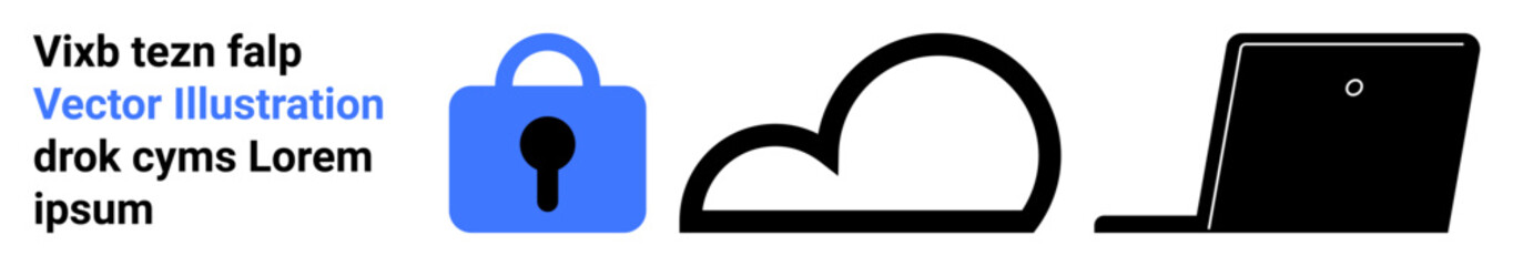Blue lock, black cloud, and black laptop icon. Ideal for articles on data protection, cybersecurity, cloud storage, online privacy, secure computing, tech interfaces, digital security awareness