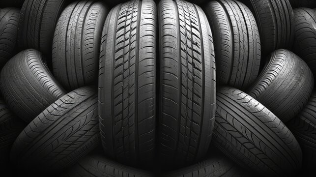 Black tire stack arranged in an intricate pattern showcasing a sustainable tire recycling concept highlighting textured surfaces and shadows.