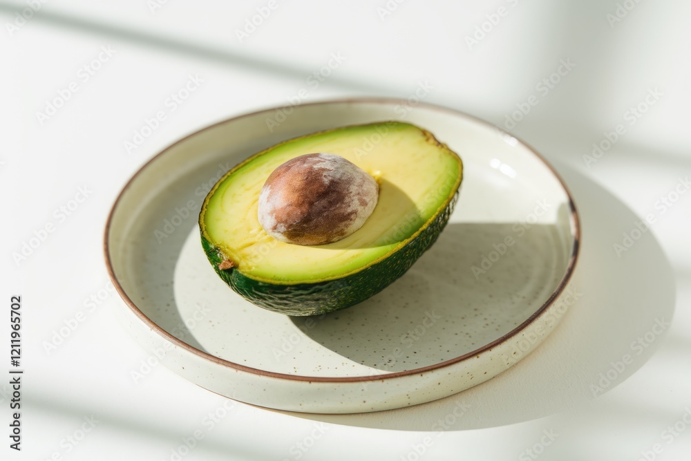 Poster a halved avocado with a visible pit rests on a speckled plate, bathed in sunlight.