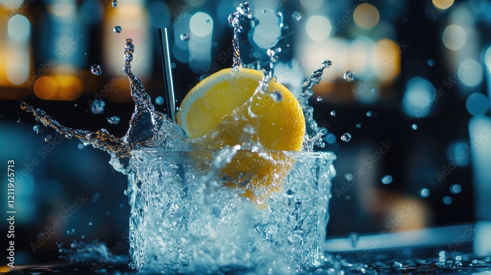 Poster Splashing cocktail with lemon slice and stirrer at a vibrant nightclub bar setting creating a dynamic nightlife atmosphere