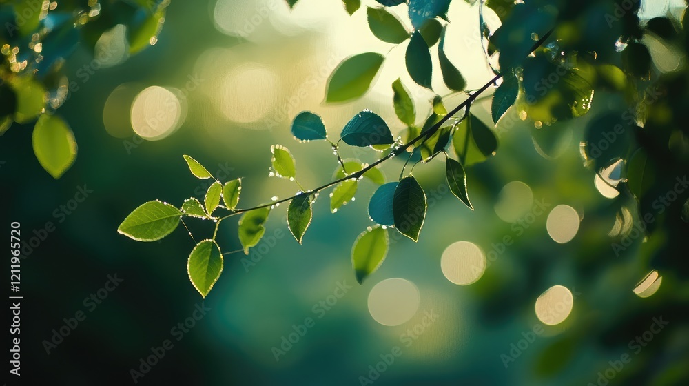 Aufkleber Soft Blurred Green Background with Spring Bokeh Effect Featuring Leaves Light Rays and Natural Circles Ideal for Nature and Wellness Themes