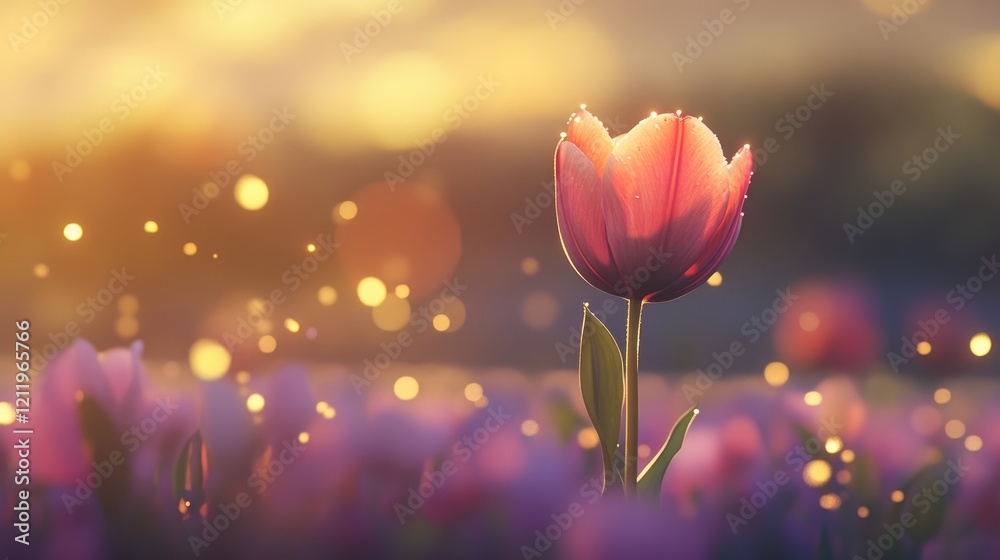 Leinwandbilder Delicate tulip in a vibrant field with soft bokeh background illuminated by warm sunlight creating a serene spring atmosphere