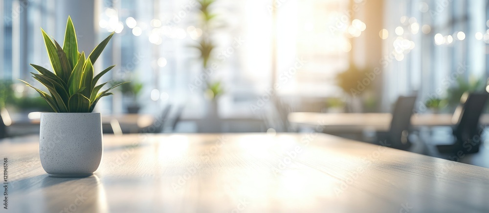 Poster Modern office interior with empty tables and chairs showcasing soft bokeh lighting perfect for workspace concepts and professional design ideas