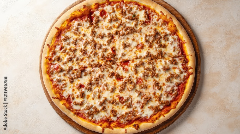 Aufkleber aerial view of a large round cheese pizza with sausage topping on a wooden board against a light bei
