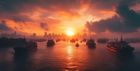 Fototapeta premium Breathtaking Sunrise Over a Bustling Harbor, With Ships Silhouetted Against a Vibrant Skyline and Colorful Clouds Reflecting on the Water's Surface