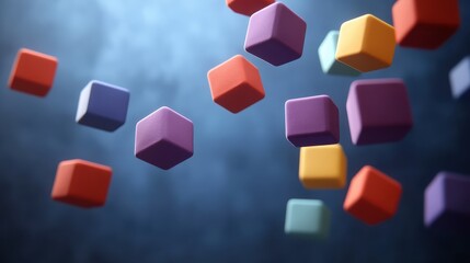 Playful and Vibrant Composition of Colorful Cubes Floating in Dim Atmospheric Photography