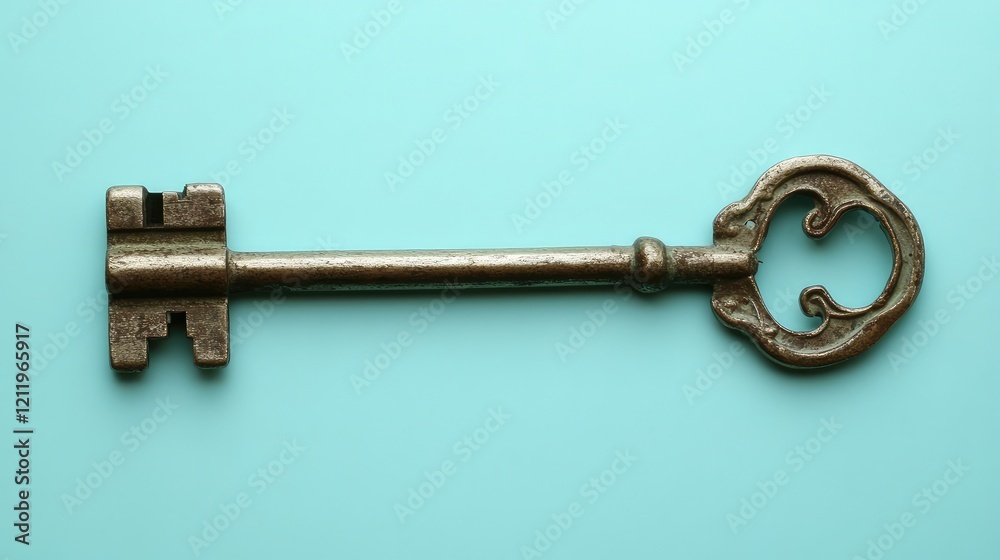 Poster vintage metal key positioned centrally on a serene cyan background showcasing classic design element