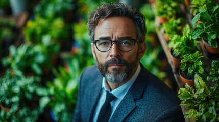 A man wears glasses, a beard, and a suit and tie