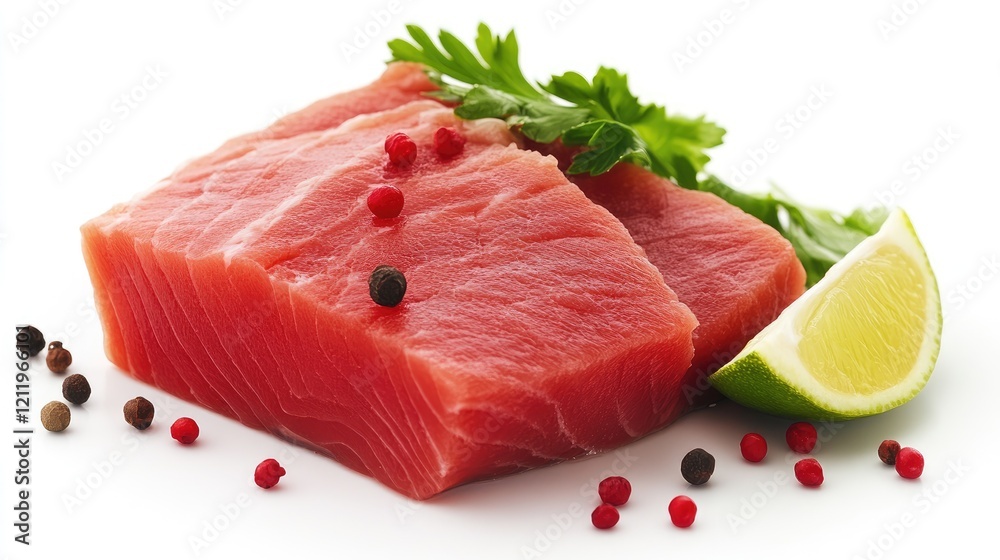 Aufkleber fresh tuna steak with lime slices and spices on a white background ideal for culinary presentations 