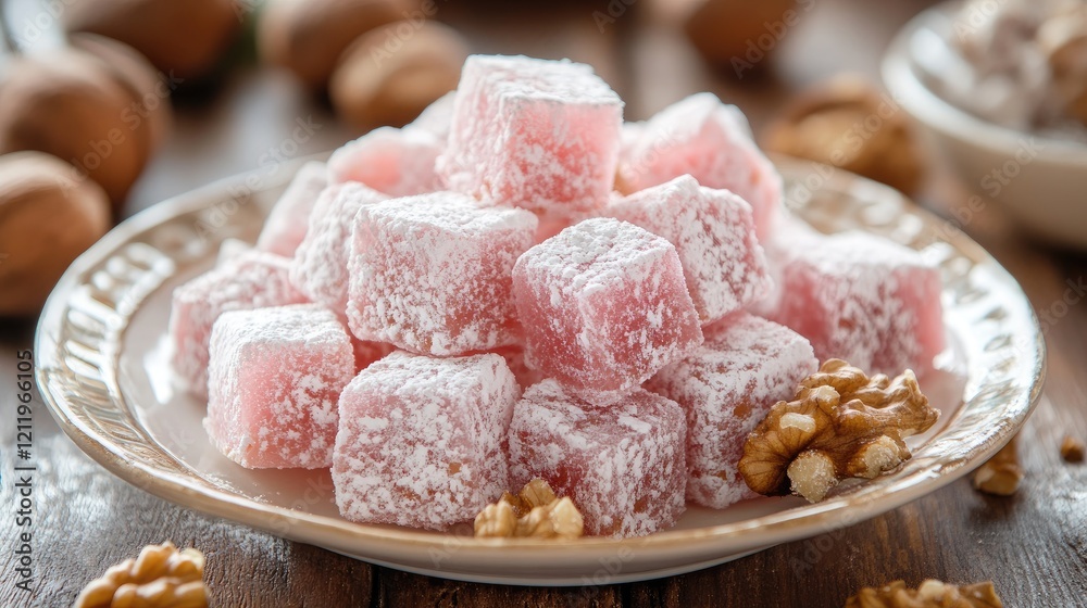 Poster turkish delight cubes with nuts on a decorative plate surrounded by walnuts and hazelnuts on a woode