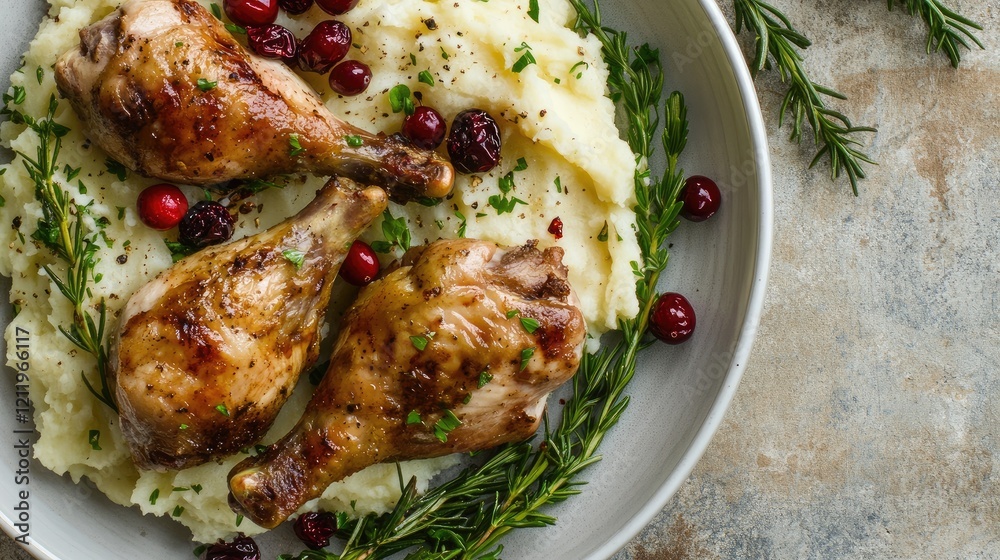 Poster turkey drumsticks served with creamy mashed potatoes and fresh cranberries on rustic plate