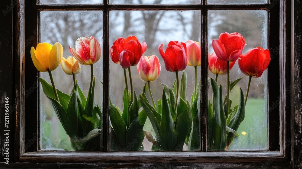 Poster colorful tulips blooming through rustic window panes in a serene garden setting during springtime sh