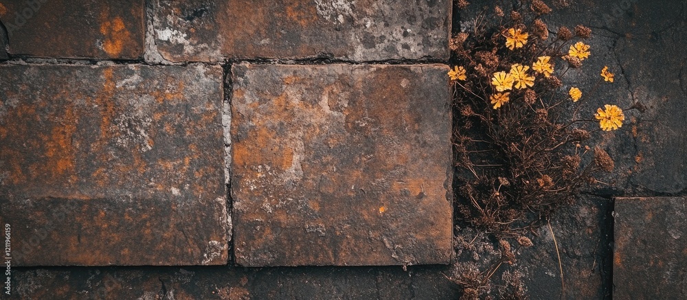 Poster aged brown brick wall texture with wildflowers and natural elements ideal for rustic backgrounds or 