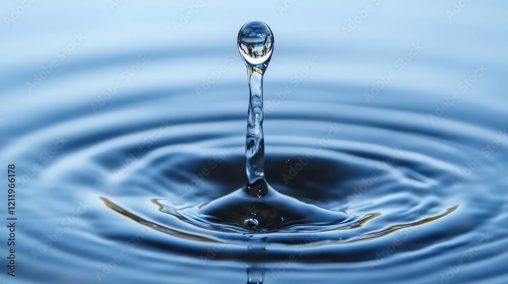 Poster Gentle ripples on a serene blue water surface with a prominent droplet splash creating dynamic patterns and reflections in a peaceful setting