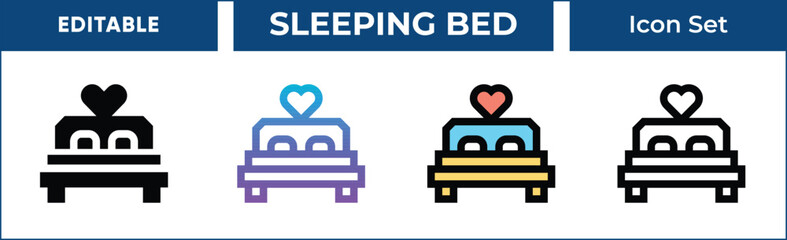 Bed Icon Set. Editable Vector Icons for bedroom, home decor, hotel, love, and more. Includes line, gradient, filled, and outline styles. Perfect for interior design, travel, and hospitality projects.