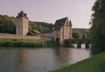 Obraz premium A historic bridge spans a river, with a castle in the background