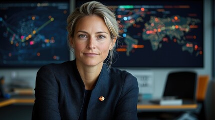 Confident businesswoman office global map data