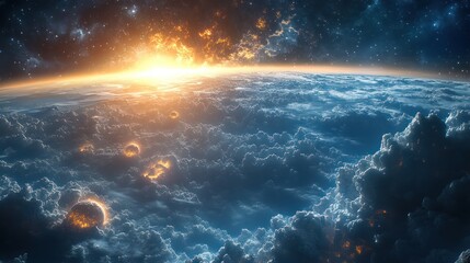 Fototapeta premium Cosmic Sunrise: A Celestial Tapestry of Clouds and Fiery Planets