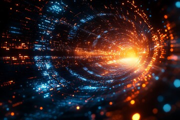 Fototapeta premium Abstract musical notes in a futuristic digital space with motion blur, blue and orange colors, and a cinematic feel.