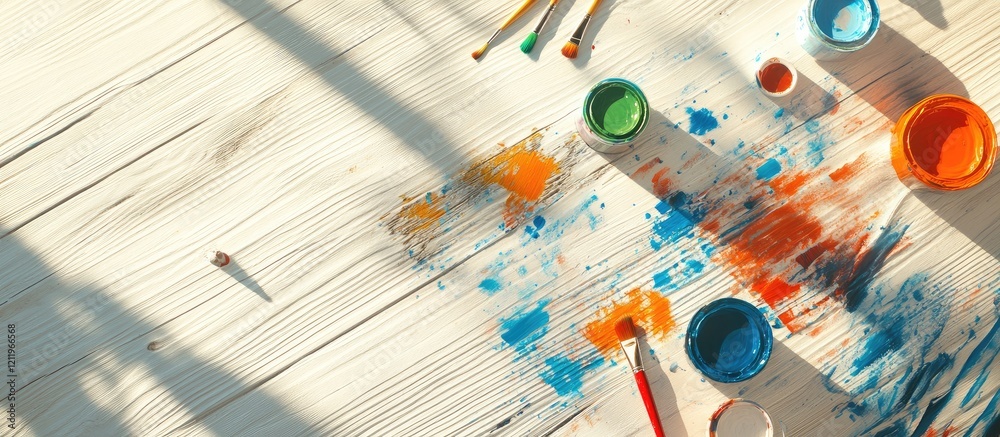 Poster artistic tools with vibrant paints and brushes on light wooden surface showcasing creative mess and 