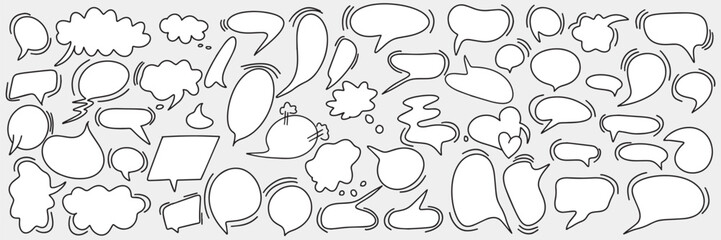 Fototapeta premium Big set of dialog boxes, different options are hand drawn. Collection of speech bubbles for conversation, dialogue, decoration on gray background. Empty comics conversations. Vector