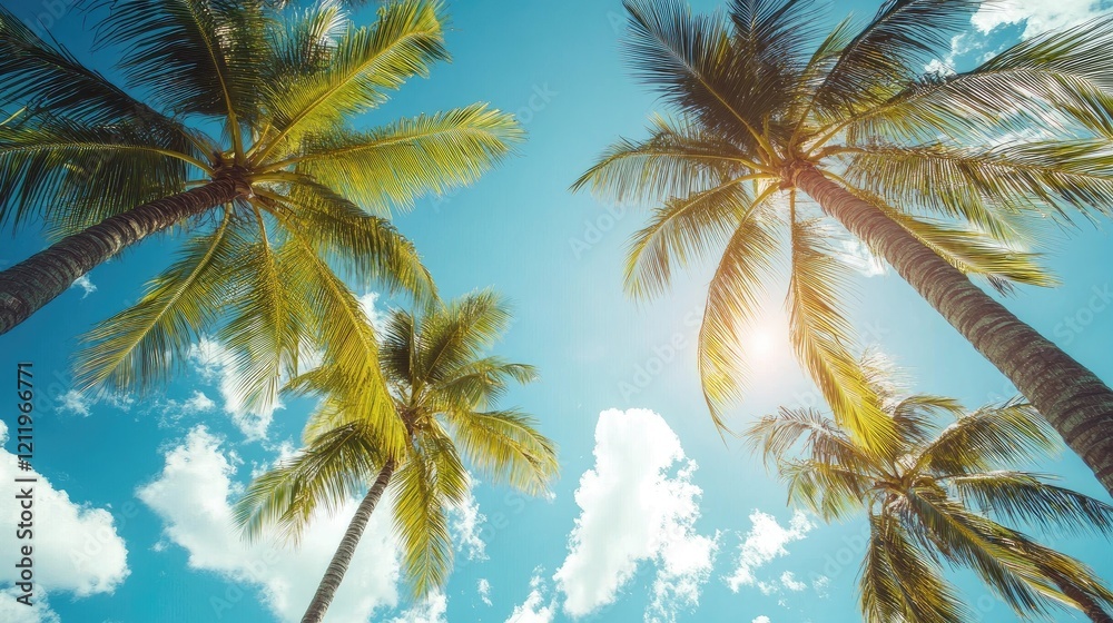 Aufkleber lush tropical palm trees against a bright blue sky with clouds and sunlight creating a serene summer